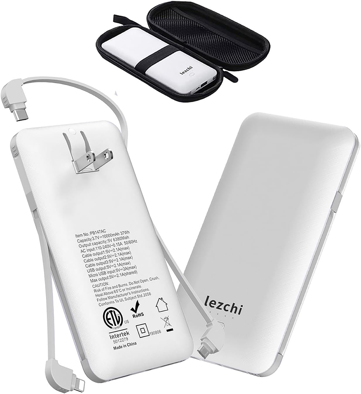 Portable Power Bank, Ultra Slim 10000mAh Portable Charger, USB C External Battery Pack with Built-in AC Plug, Charging Cable, Output Port, Compatible with All Kinds of Cellphones …