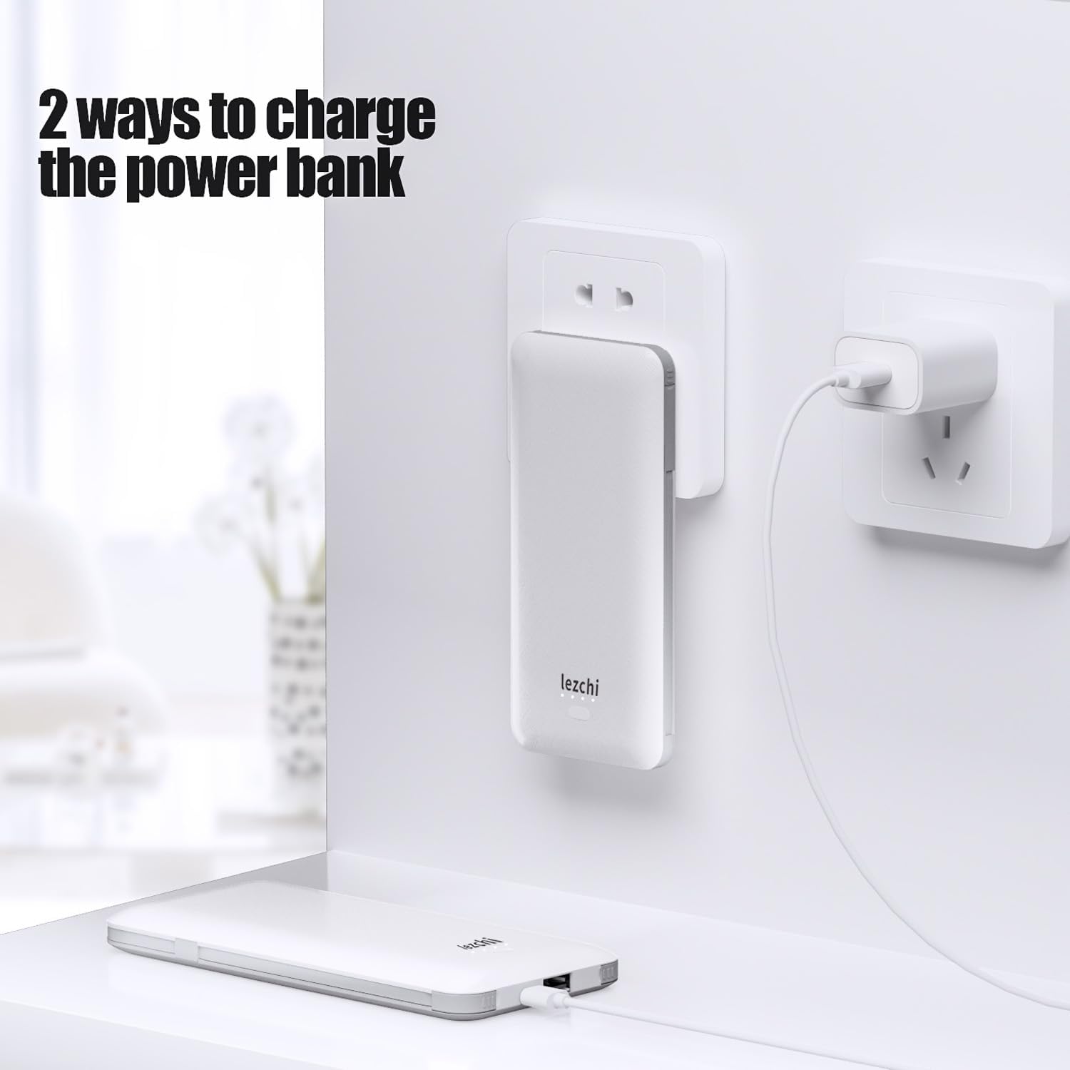 Portable Power Bank, Ultra Slim 10000mAh Portable Charger, USB C External Battery Pack with Built-in AC Plug, Charging Cable, Output Port, Compatible with All Kinds of Cellphones … - Image 3