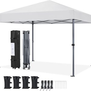 Yaheetech 10x10 1-Person Setup Pop Up Canopy Tent, Instant Portable Commercial Canopy Tent, Outdoor Gazebo with 1-Button Push, Wheeled Bag & 4 Sandbags for Home, Party & Outdoor, Silver-Coated White
